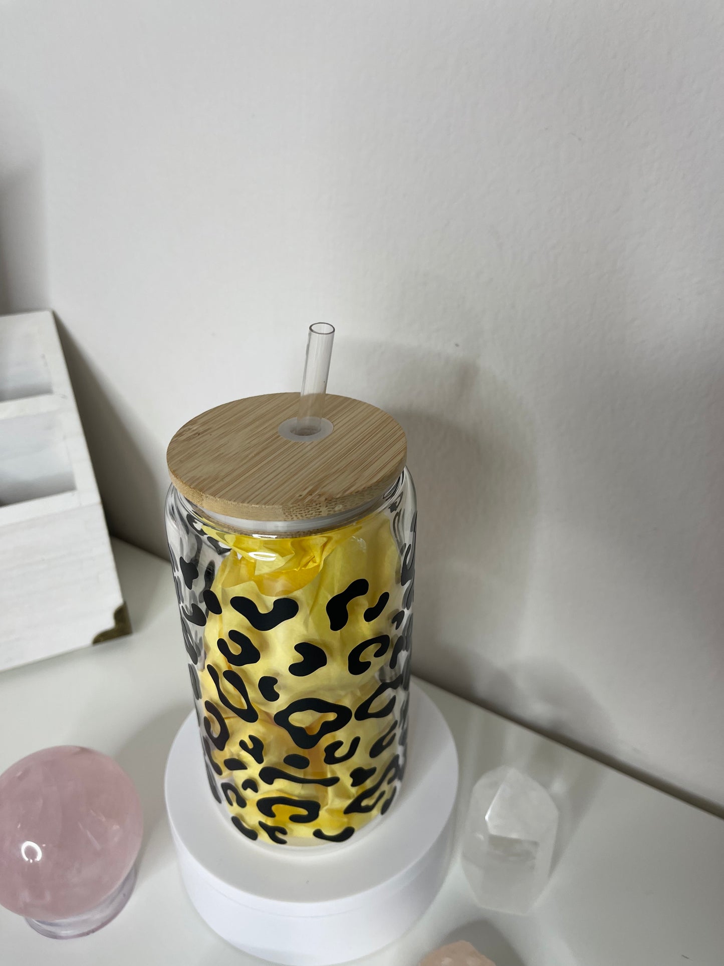 16 Oz Glass Can Cup- Matte Black Cheetah- Ready To Ship