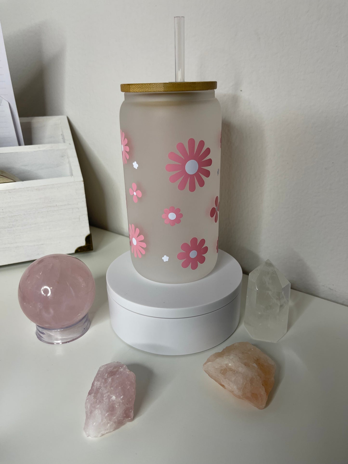 16 Oz Frosted Glass Can Cup- Flower Design- Ready to ship