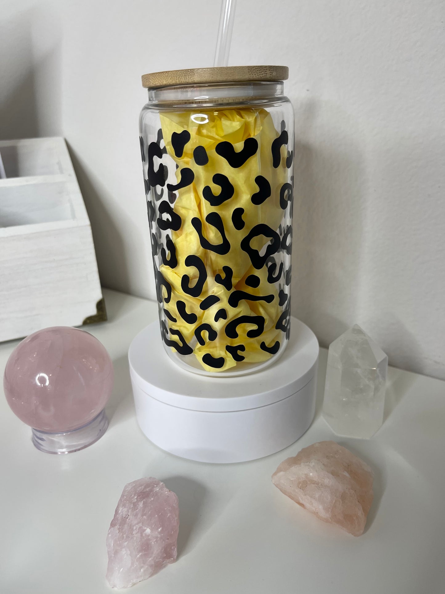 16 Oz Glass Can Cup- Matte Black Cheetah- Ready To Ship