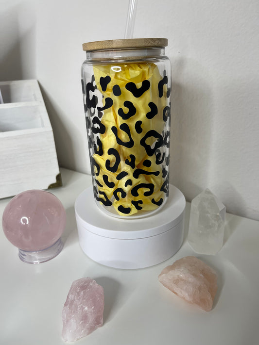 16 Oz Glass Can Cup- Matte Black Cheetah- Ready To Ship