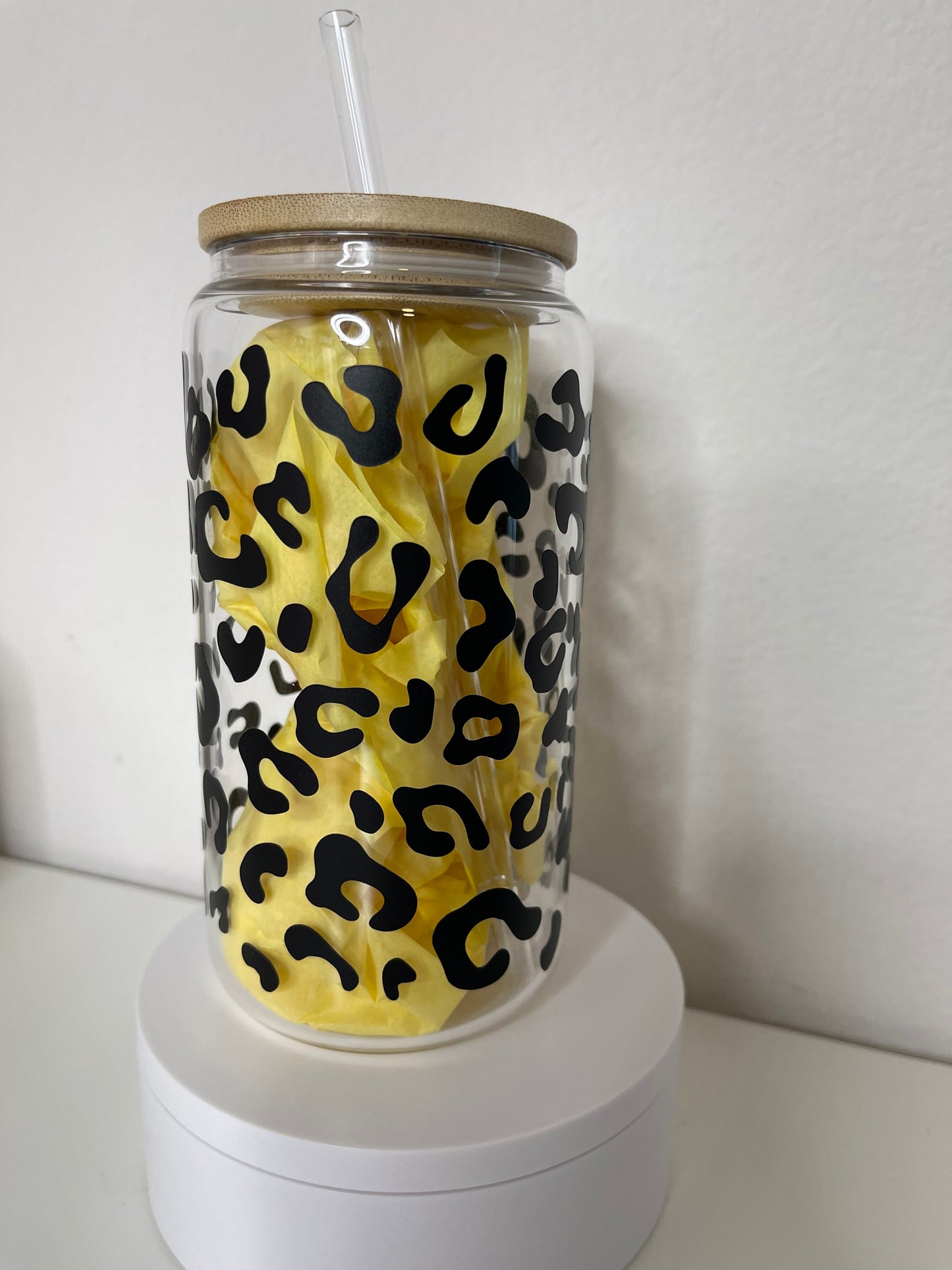 16 Oz Glass Can Cup- Matte Black Cheetah- Ready To Ship