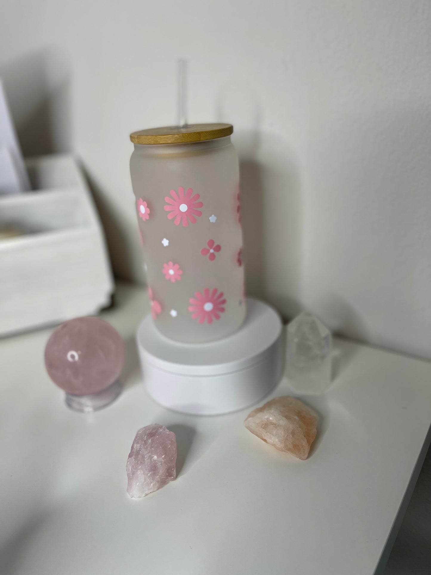 16 Oz Frosted Glass Can Cup- Flower Design- Ready to ship